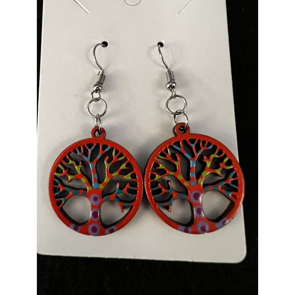Silver & Orange Multii Color TREE OF LIFE Dangle Drop Earrings